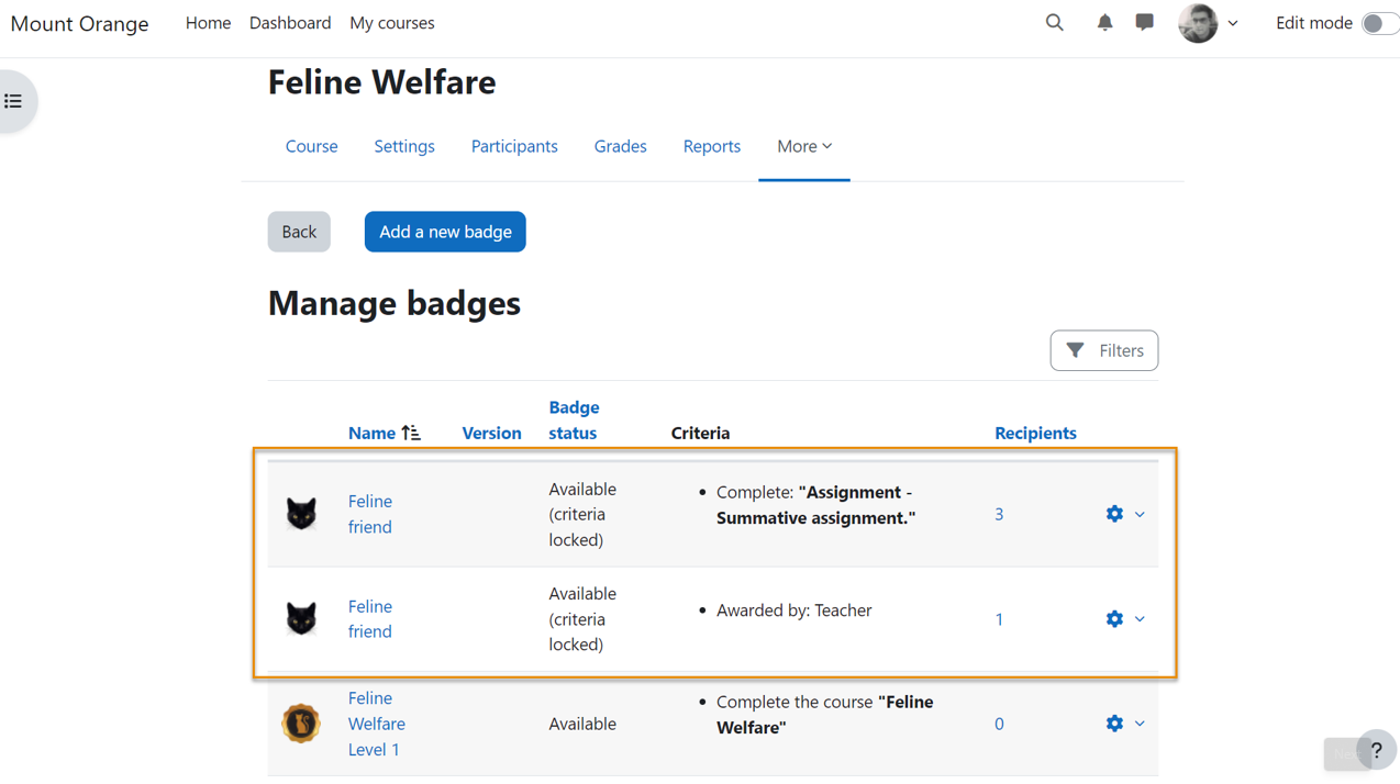 Screenshot Badges Funktion in Moodle 4.5