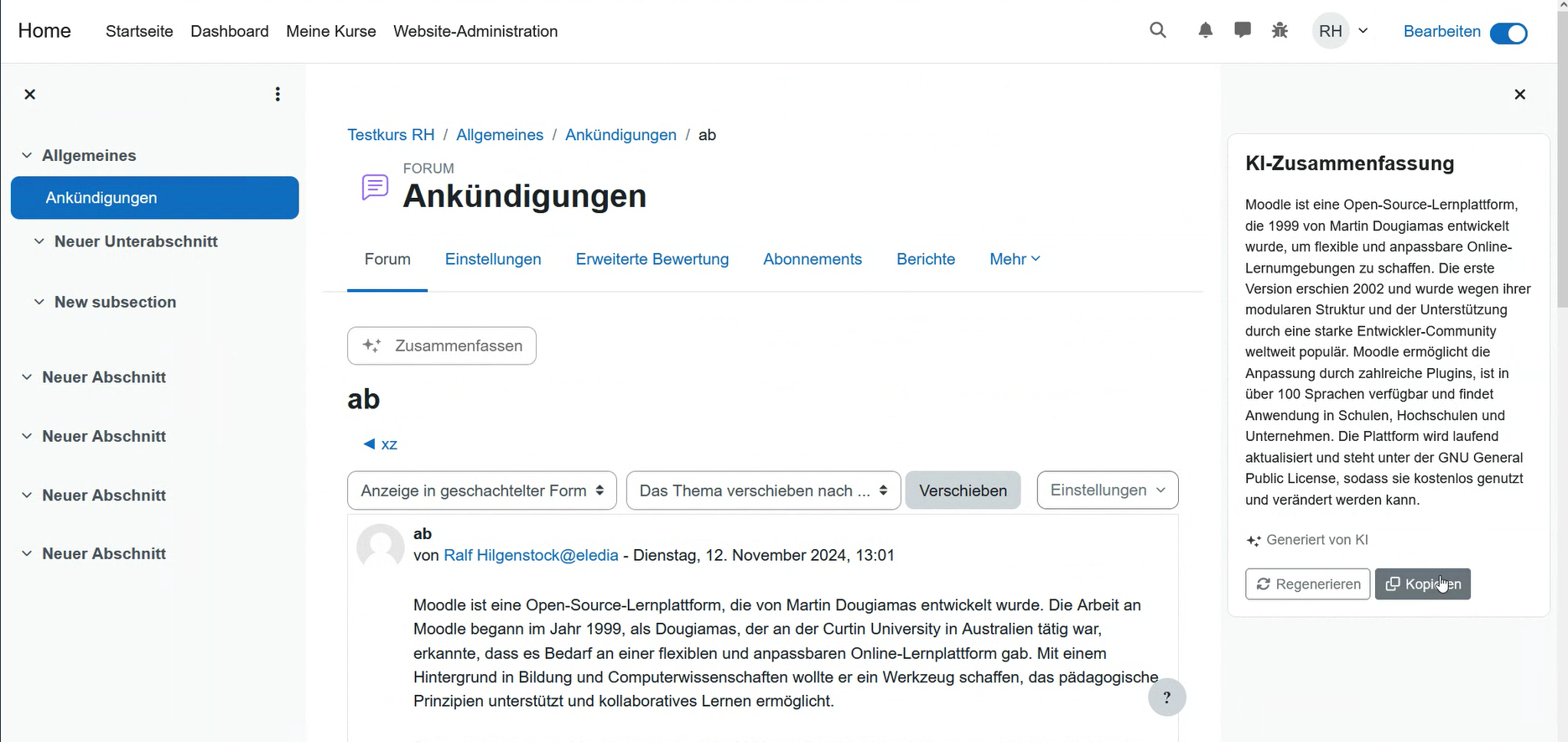 Screenshot der Funktion KI-Zusammenfassung aus einem Moodle Kurs Screenshot der Funktion KI-Zusammenfassung aus einem Moodle Kurs