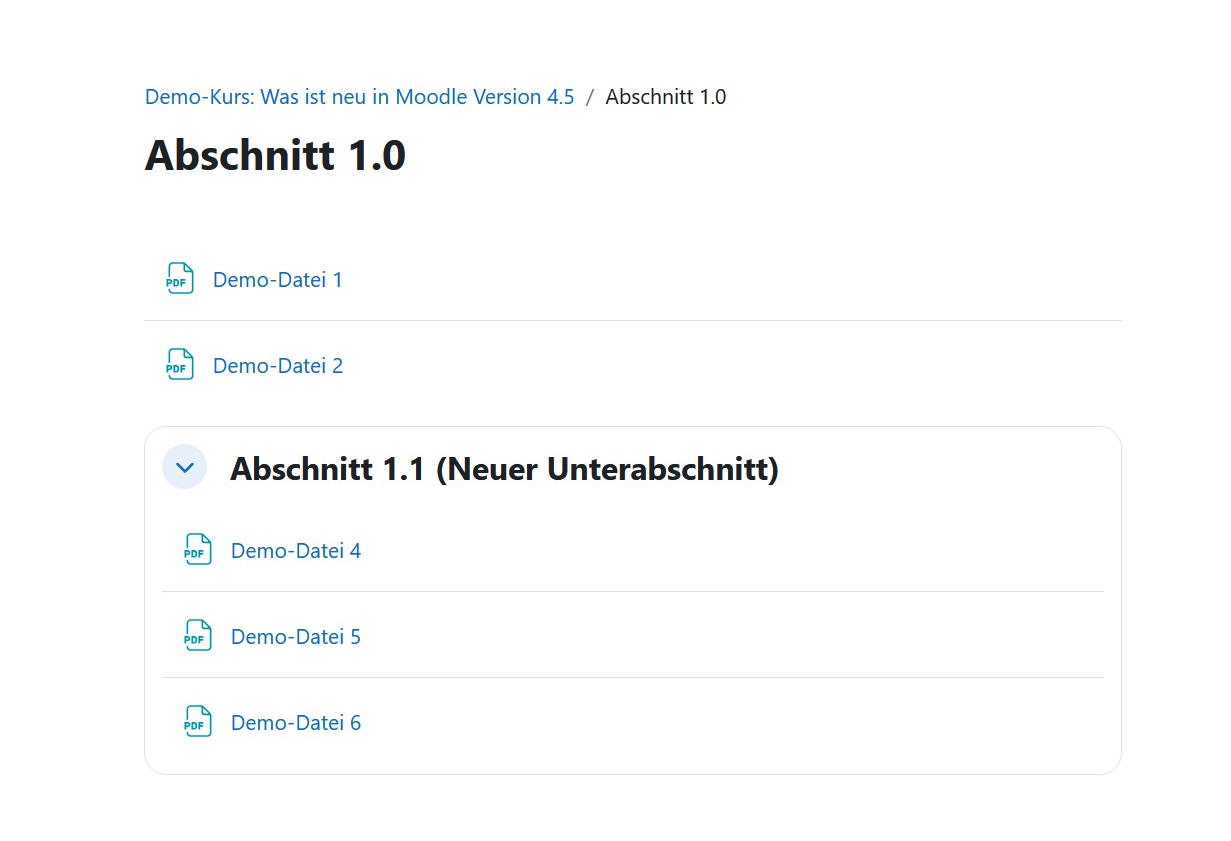Screenshot eines Moodle Kurses mit Kurse-Unterabschnitt Screenshot eines Moodle Kurses mit Kurse-Unterabschnitt