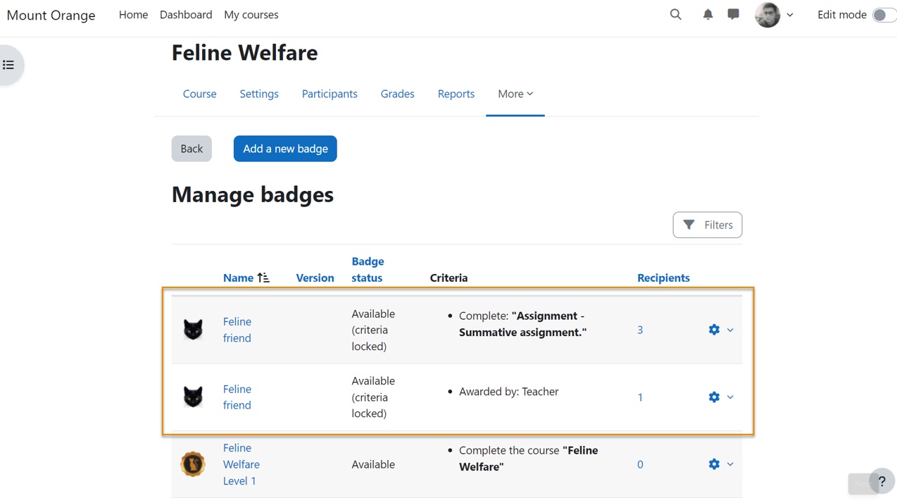 Screenshot Badges Funktion in Moodle 4.5 Screenshot Badges Funktion in Moodle 4.5