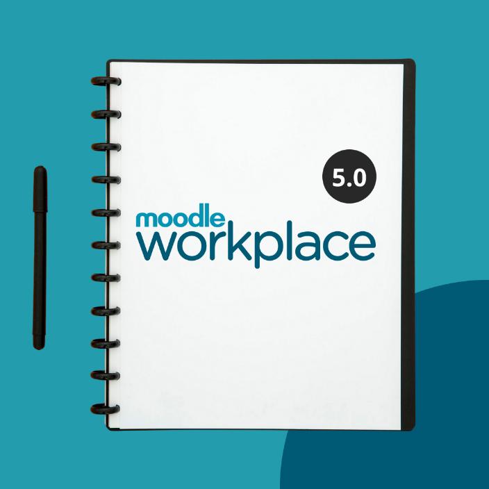 Dekorativ. Notebook mit Moodle Workplace Logo und die Version 5.0